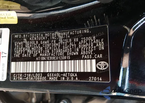 2014 Toyota Avalon Xle из США, поврежденный, VIN 4T1BK1EB9EU120815